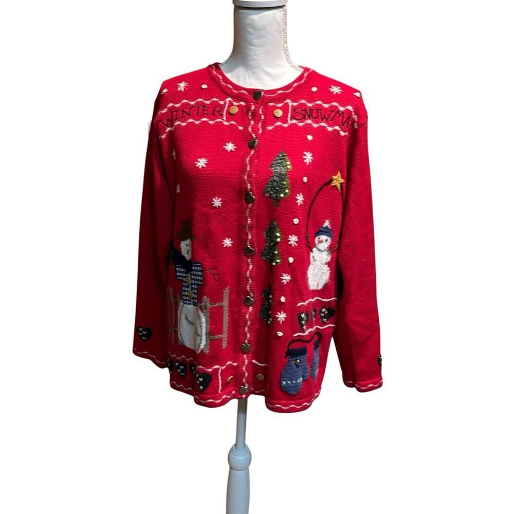 Quacker‎ Factory Sweater VTG Cardigan Christmas Snowman Red Holiday Knit Medium